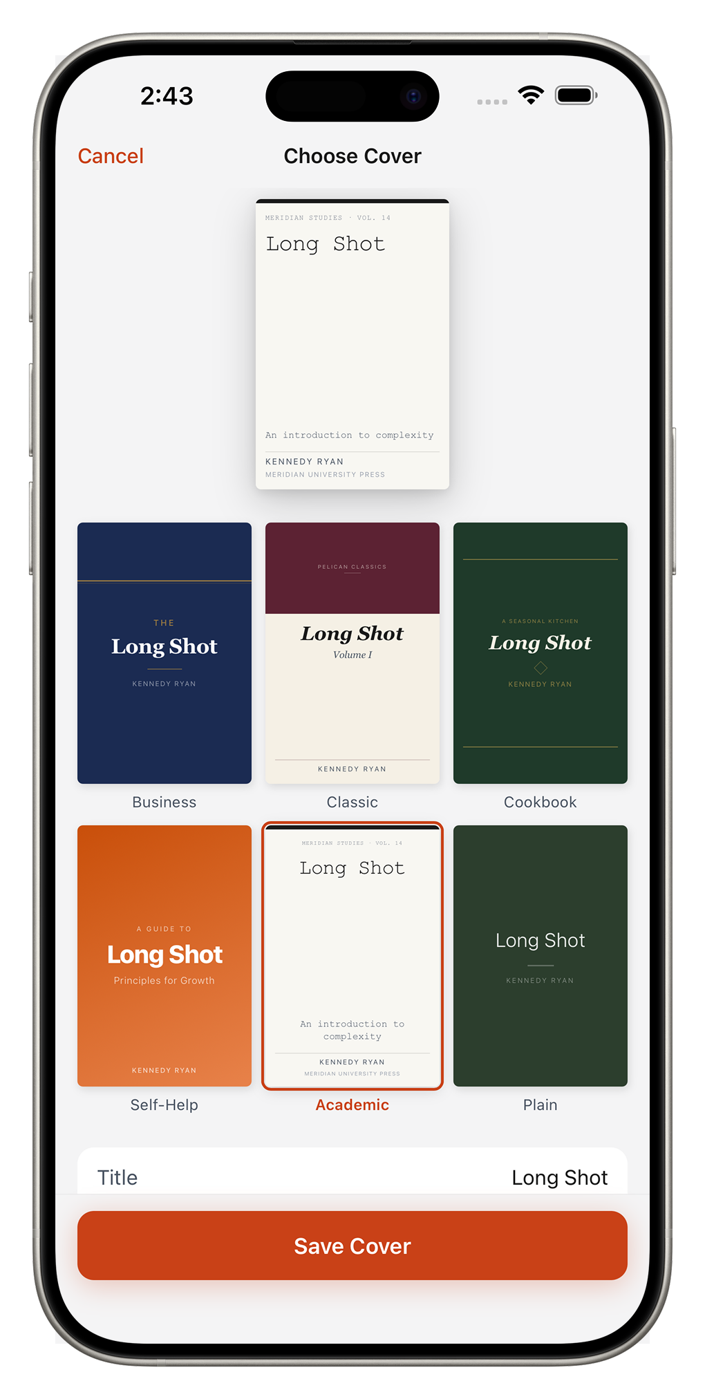 Six discreet cover templates to choose from in Demure