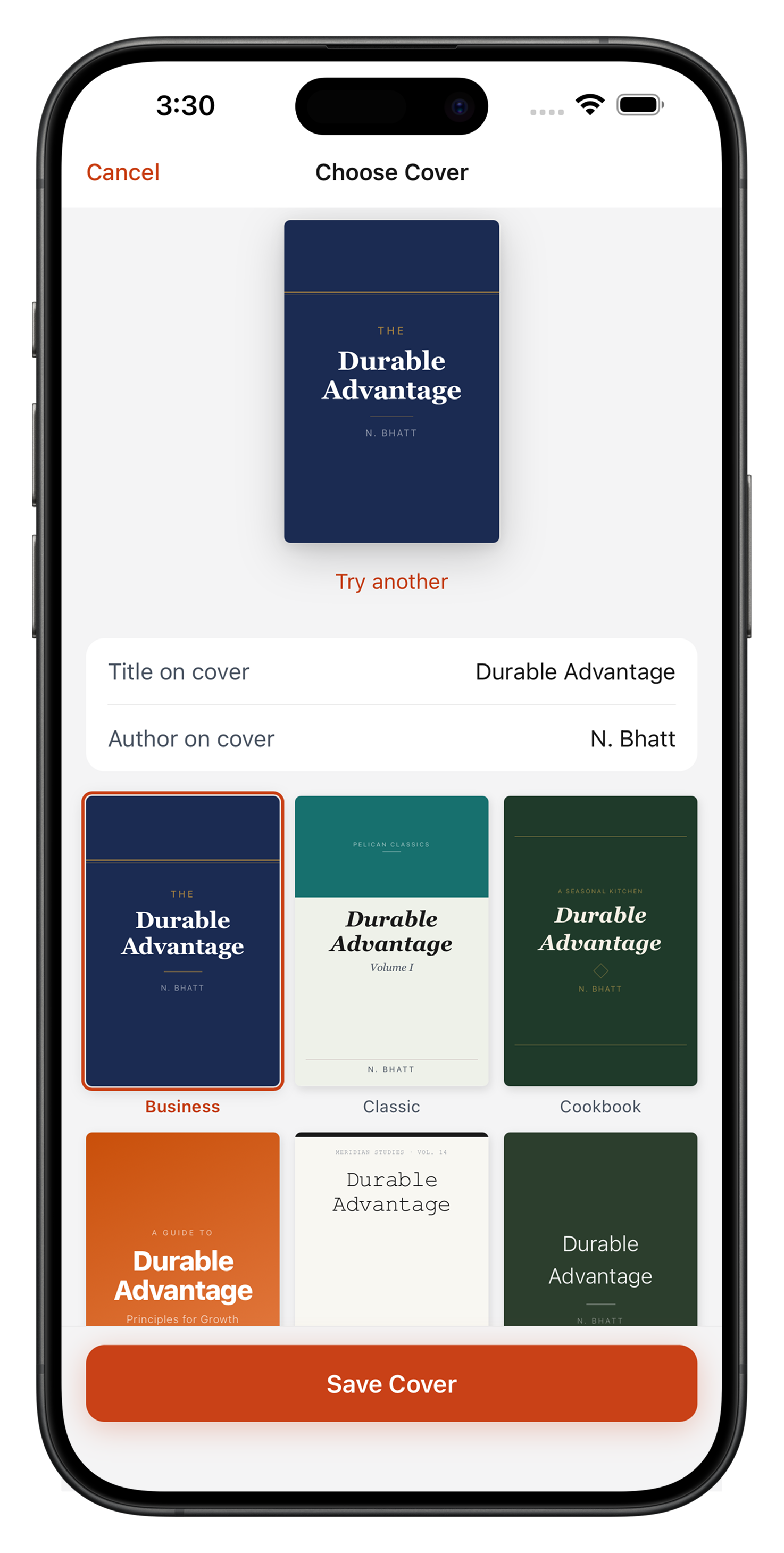 Choosing a cover in Demure, showing the suggested title and author in fields you can edit