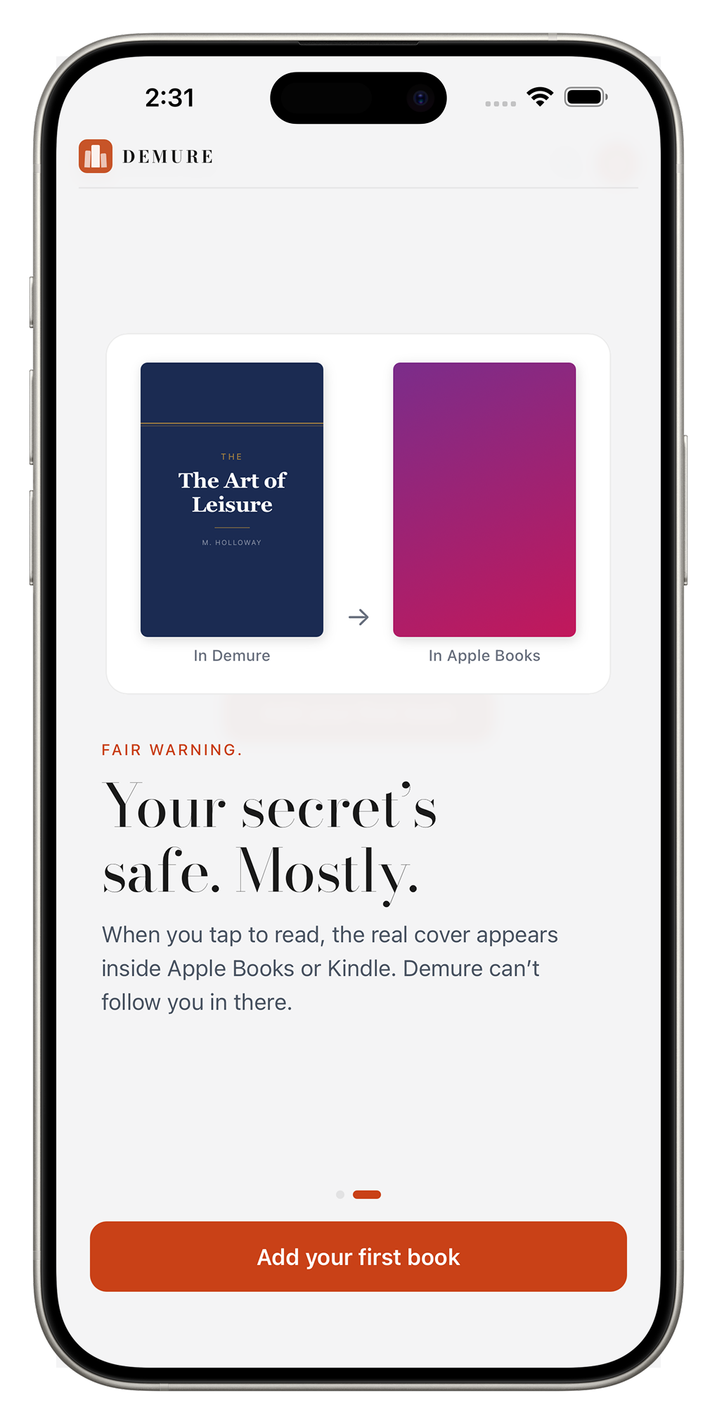 Demure showing a discreet cover in the app versus the real cover in Apple Books
