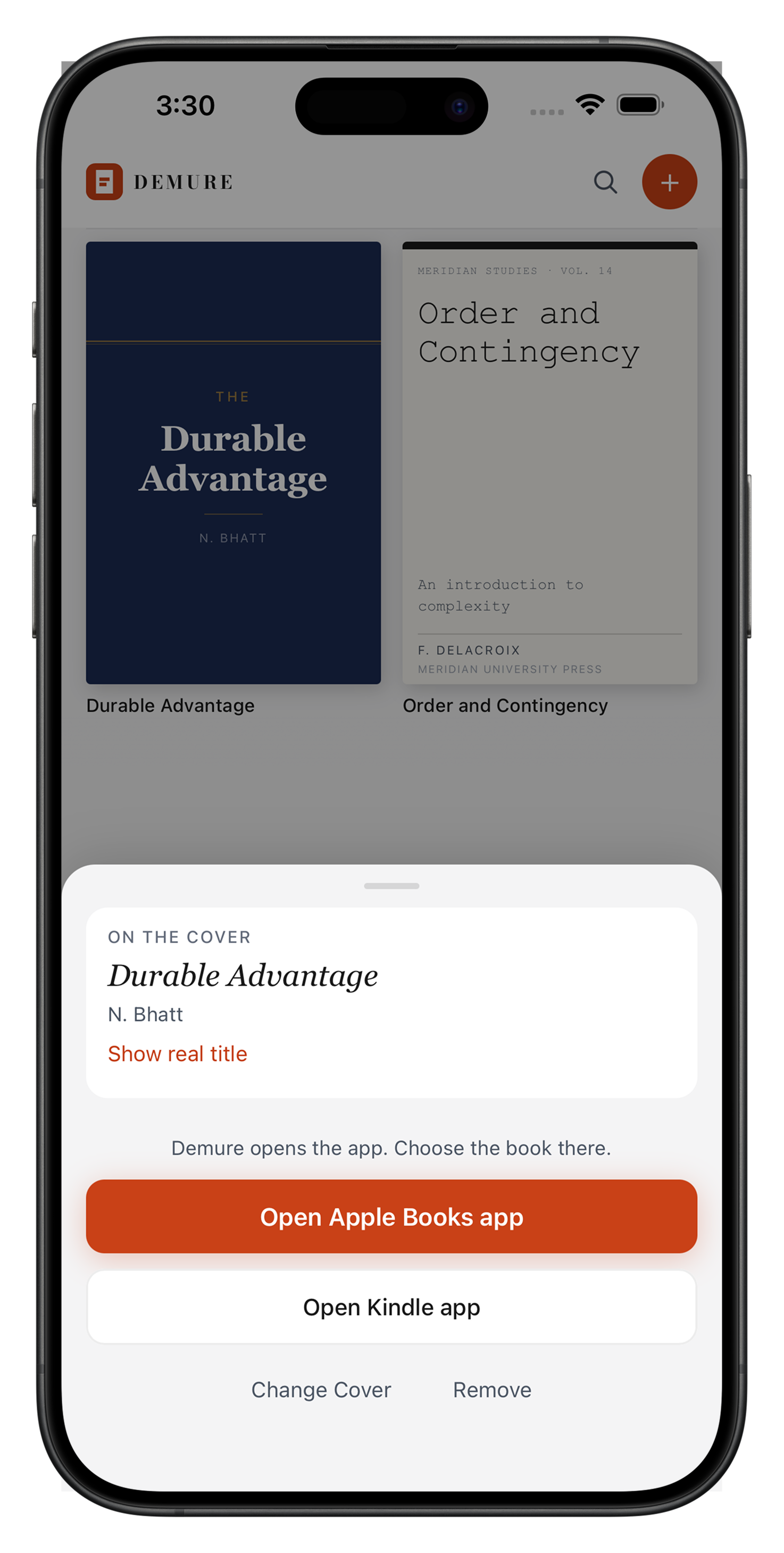 Demure showing the cover title, not the real book, before opening Apple Books or Kindle