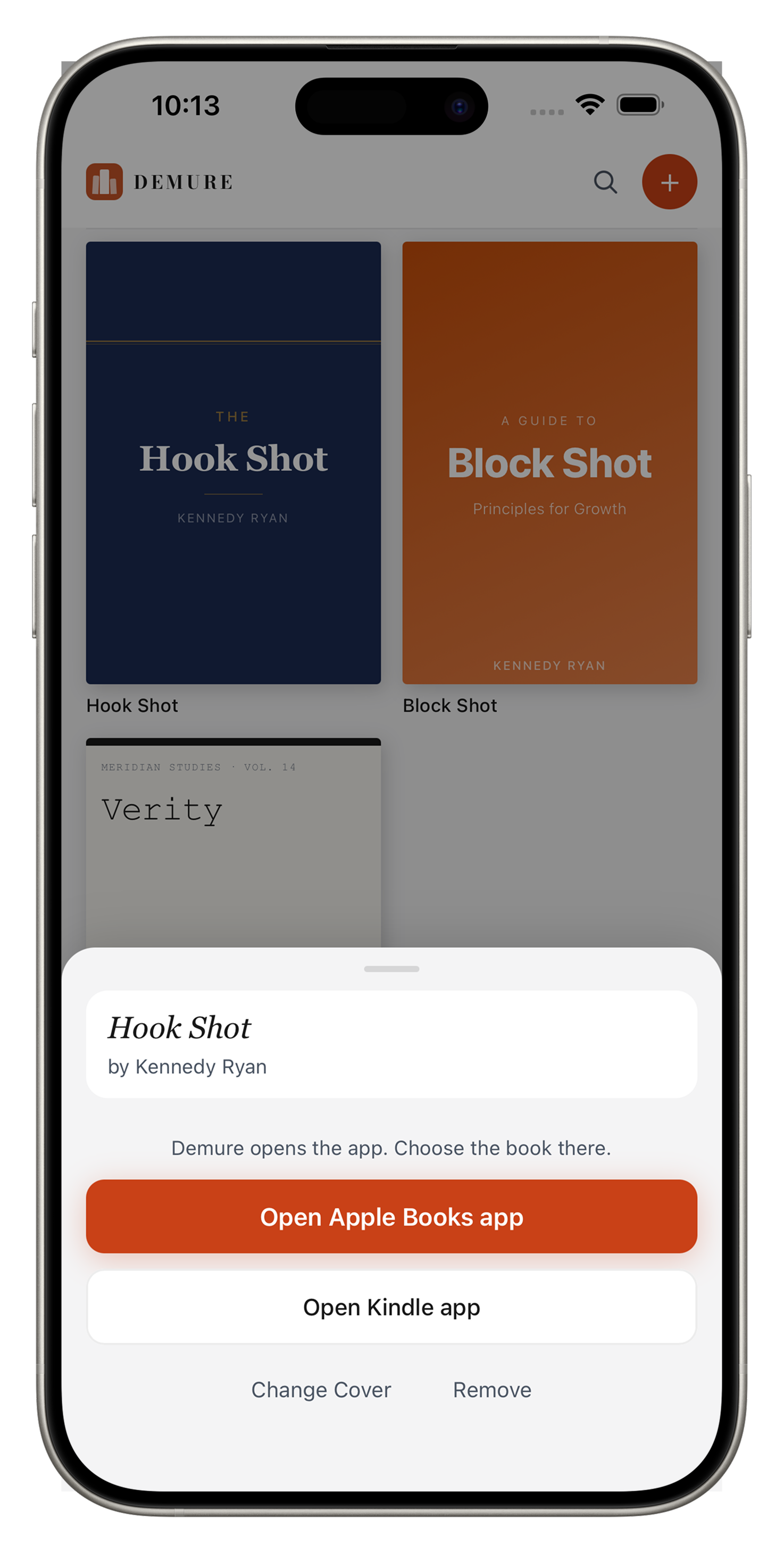Demure showing the reading app handoff before opening Apple Books or Kindle
